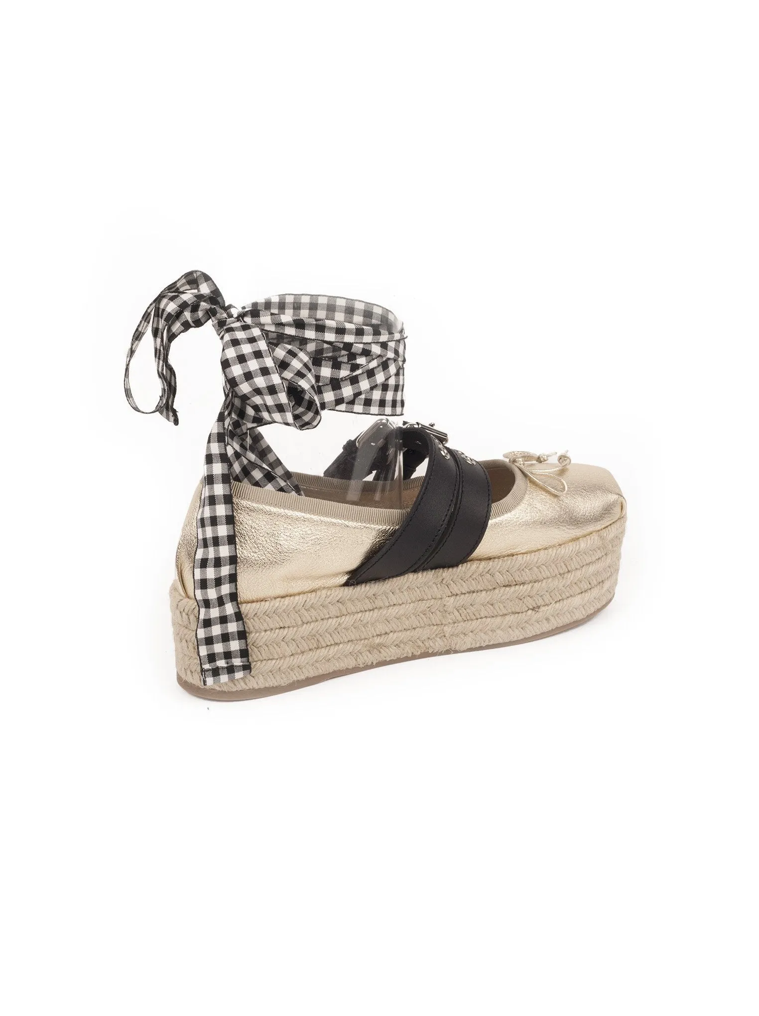 Belted Leather Platform Ankle-Wrap Espadrille Flat - Gold