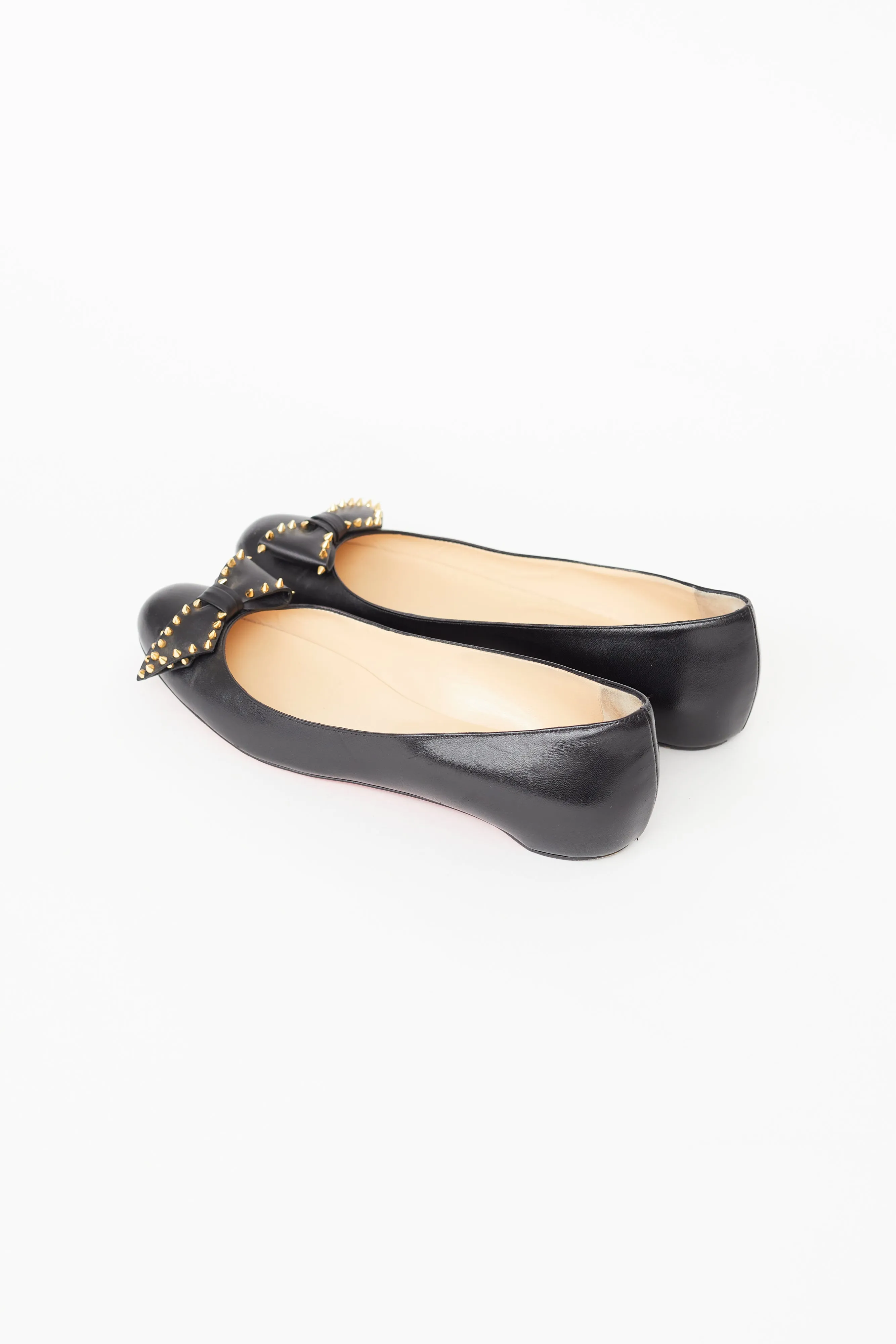 Black Leather Studded Bow Ballet Flat