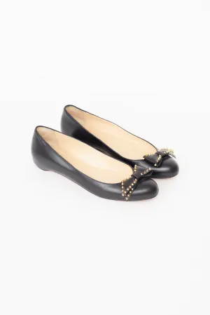 Black Leather Studded Bow Ballet Flat