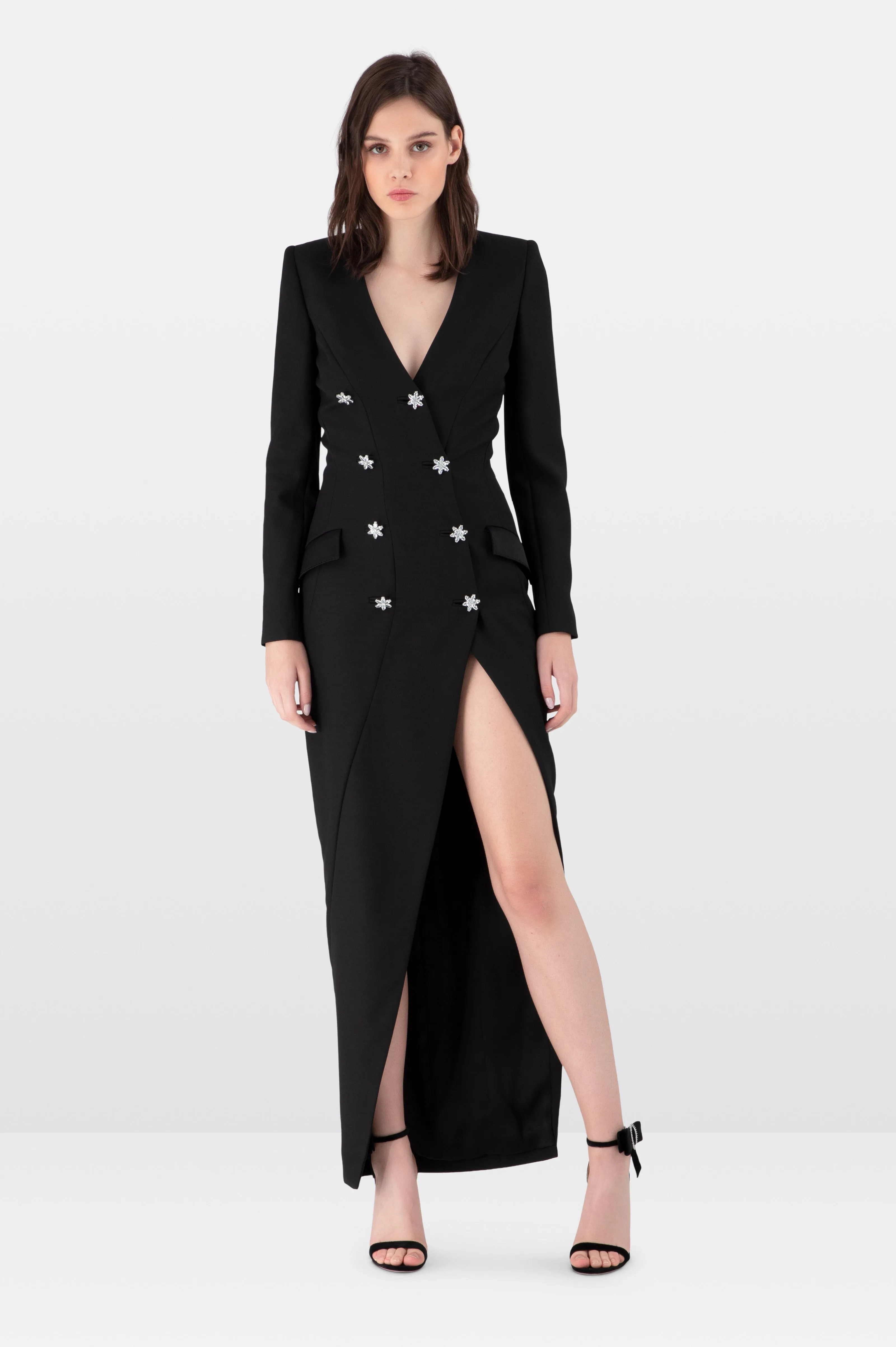 Black Satin Crepe Tuxedo Gown