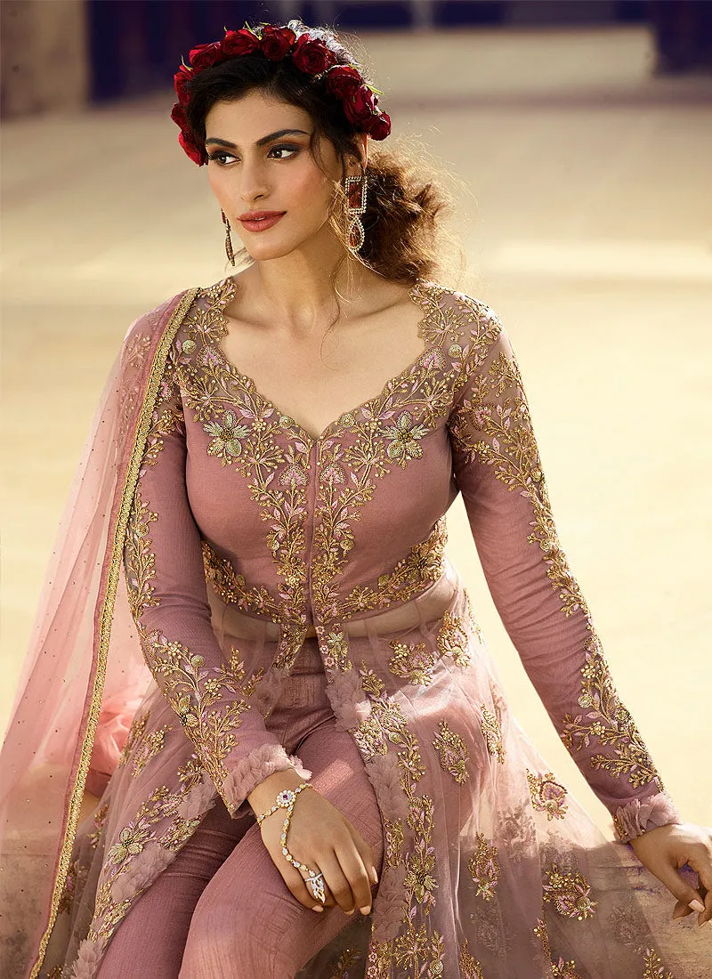 Blush Pink Golden Slit Anarkali Lehenga Suit