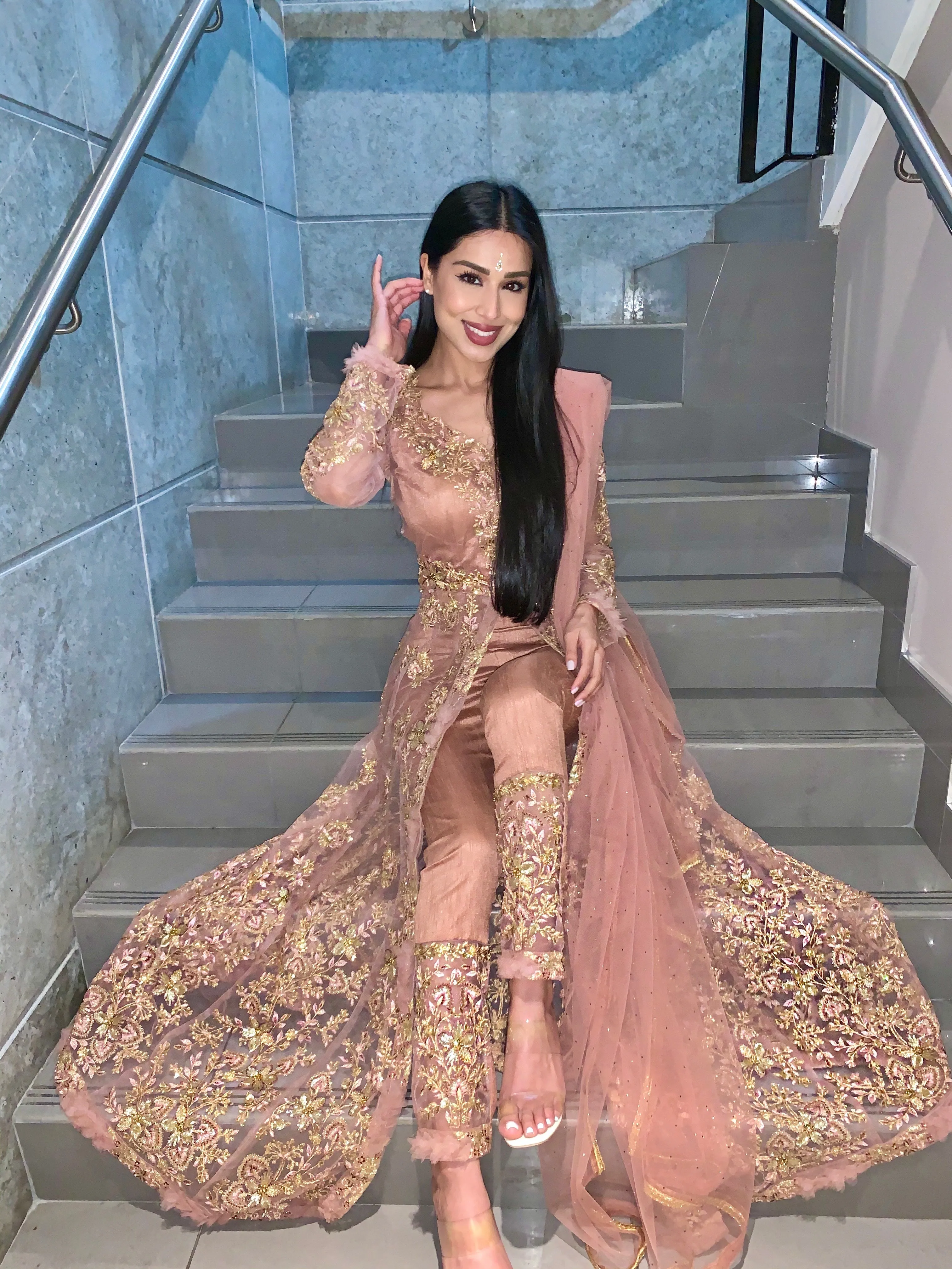 Blush Pink Golden Slit Anarkali Lehenga Suit