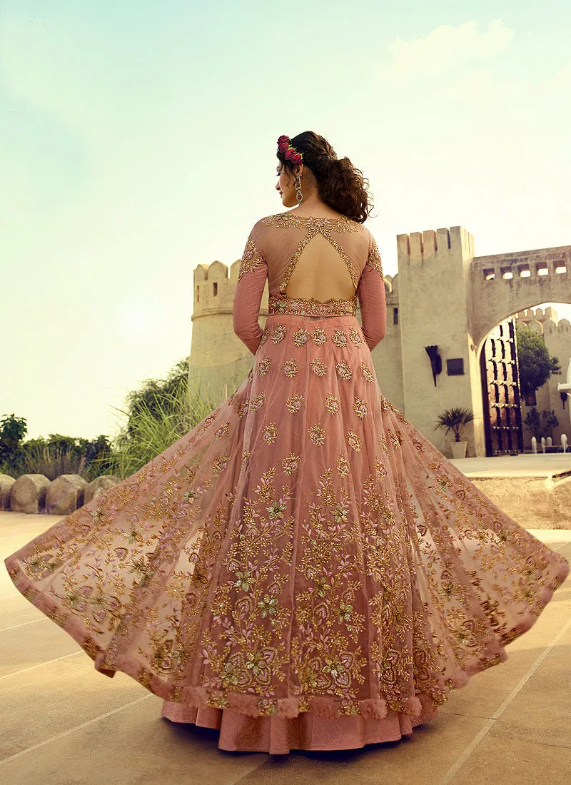 Blush Pink Golden Slit Anarkali Lehenga Suit
