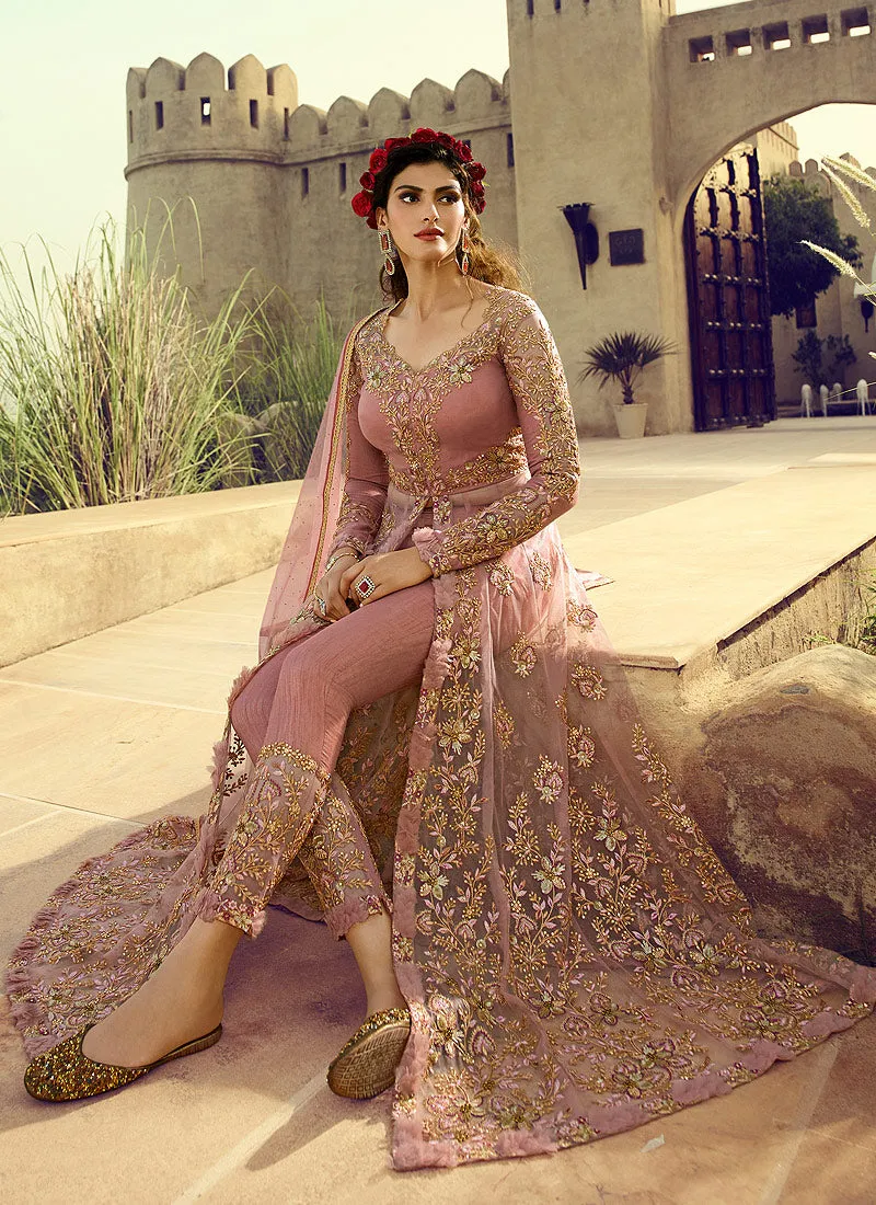 Blush Pink Golden Slit Anarkali Lehenga Suit