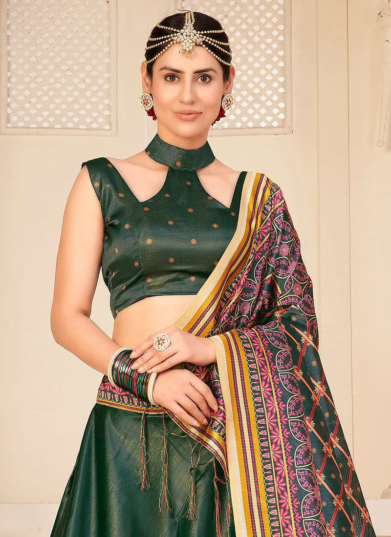 Dark Green Digital Printed Silk Lehenga Choli