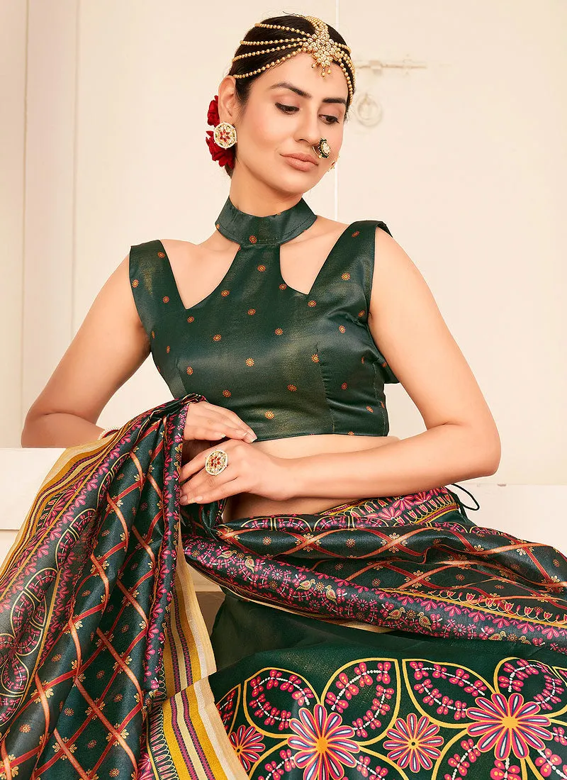 Dark Green Digital Printed Silk Lehenga Choli