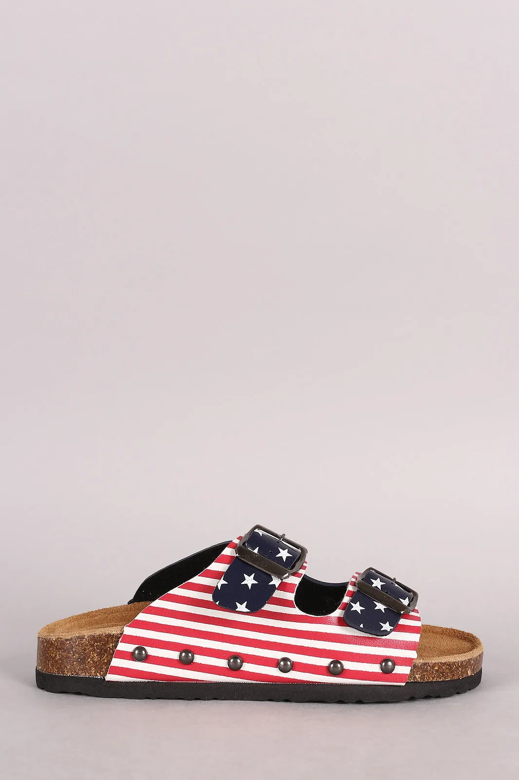 Flag Print Double Buckle Open Toe Footbed Sandal