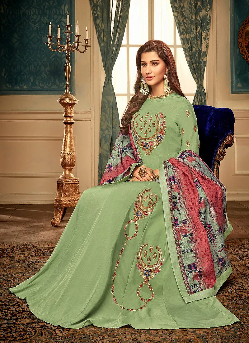 Green Multi Embroidered Gown