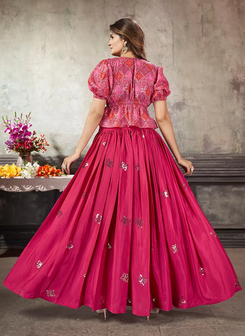 Hot Pink Sequence Embroidery Traditional Flared Skirt And Top