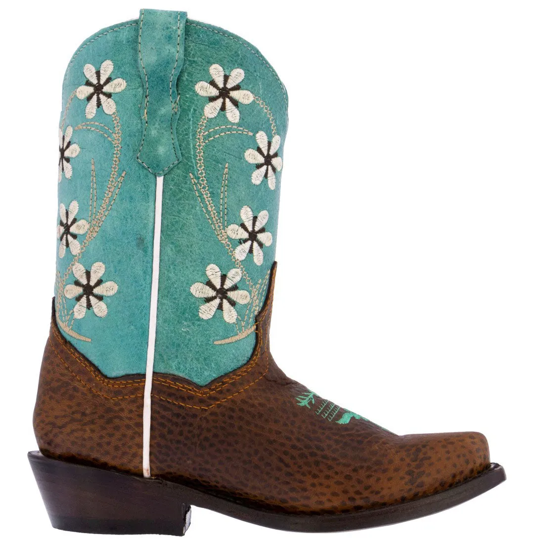 Kids FLR6 Teal Western Cowboy Boots Floral Leather - Snip Toe