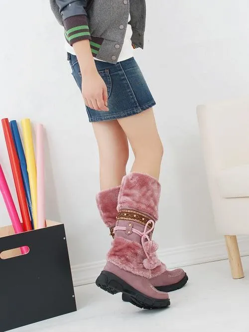 Knee high pom pom snow boots cute winter boots flat heel