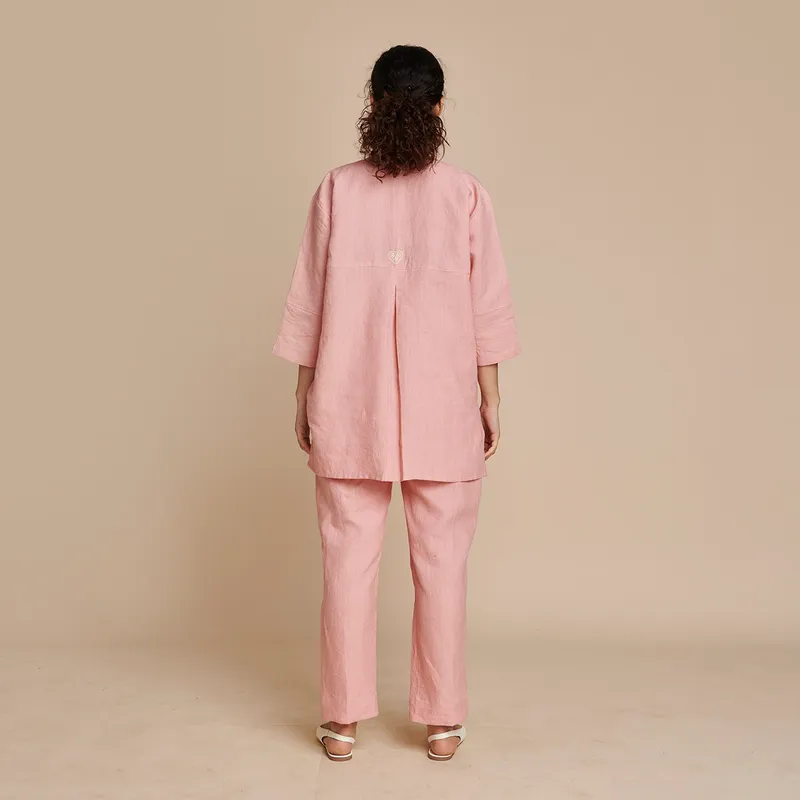Linen Short Kurta for Women | Pink | Embroidered