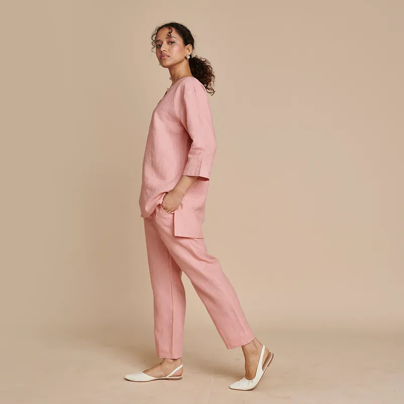 Linen Short Kurta for Women | Pink | Embroidered