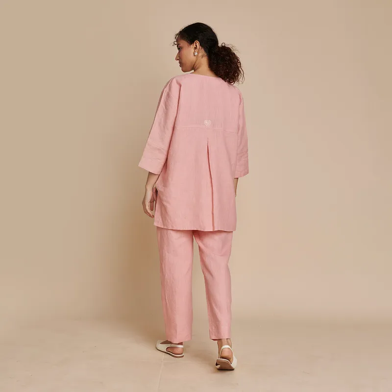 Linen Short Kurta for Women | Pink | Embroidered