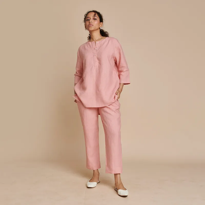 Linen Short Kurta for Women | Pink | Embroidered