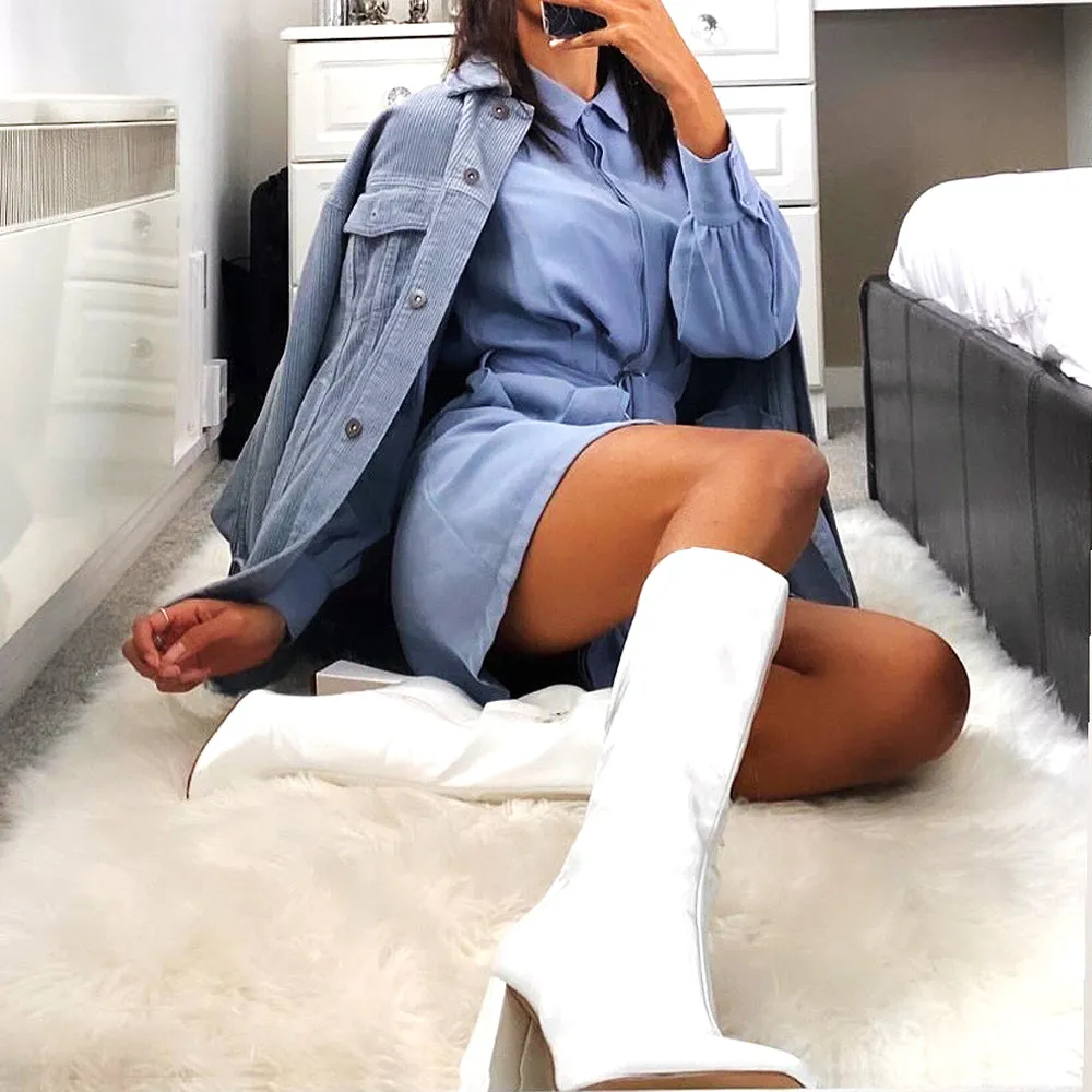 Millicent Square Toe below the Knee Long Block High Heel Boots in White PU