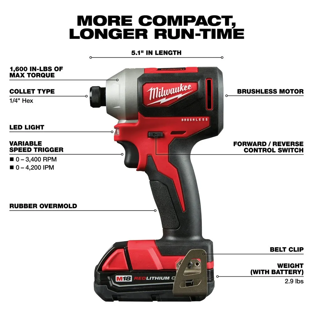 Milwaukee 2850-22CT M18 Compact Brushless 1/4" Hex Impact Driver Kit