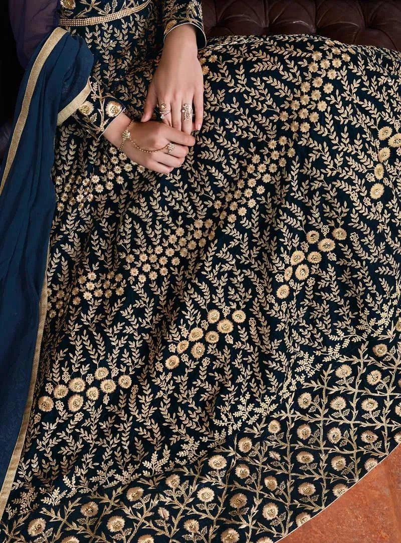 Navy Blue Embroidered Flared Anarkali Suit