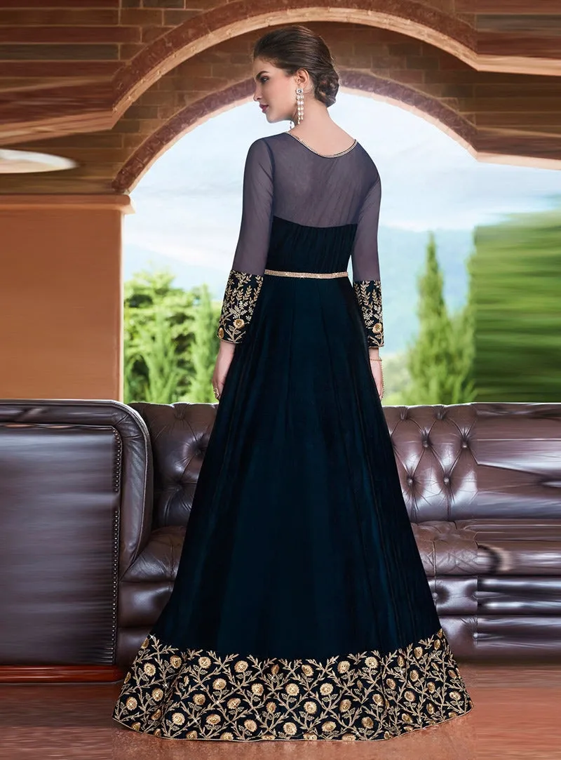 Navy Blue Embroidered Flared Anarkali Suit