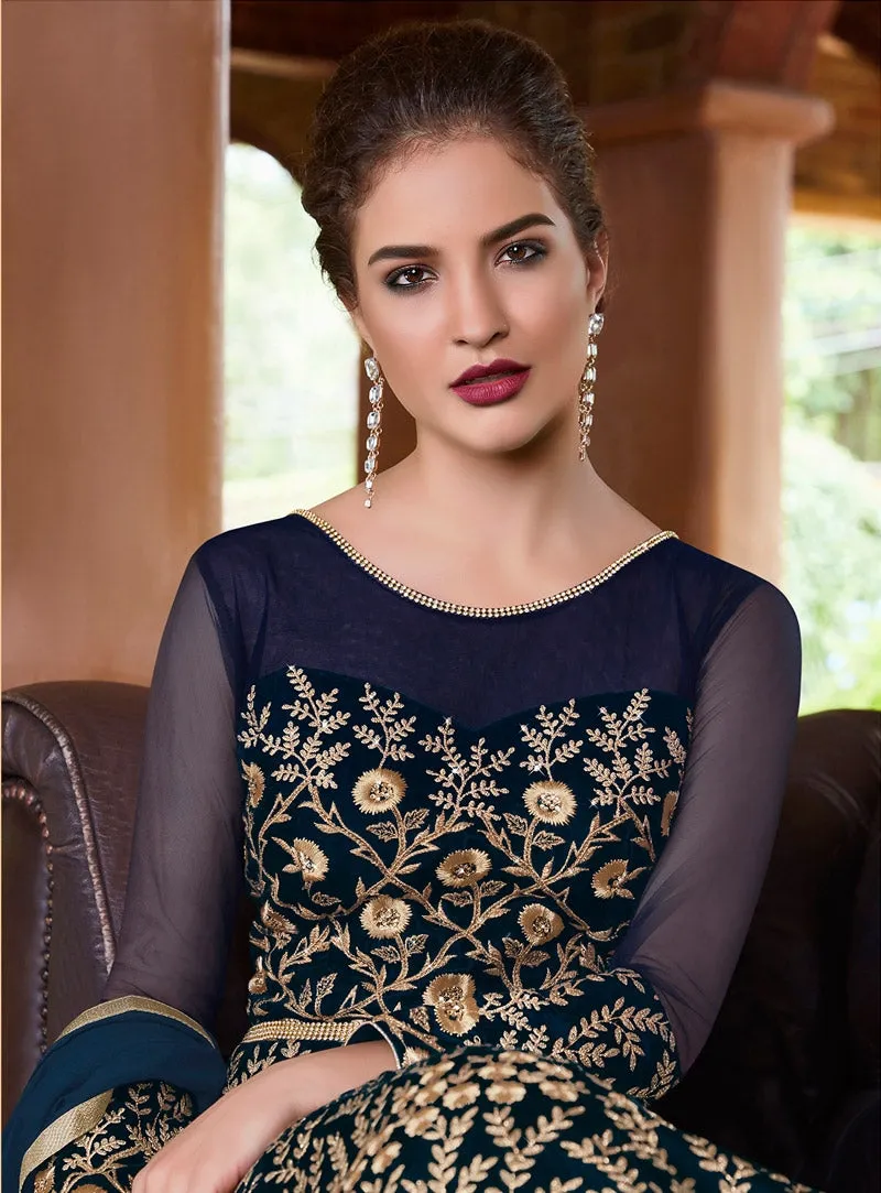 Navy Blue Embroidered Flared Anarkali Suit