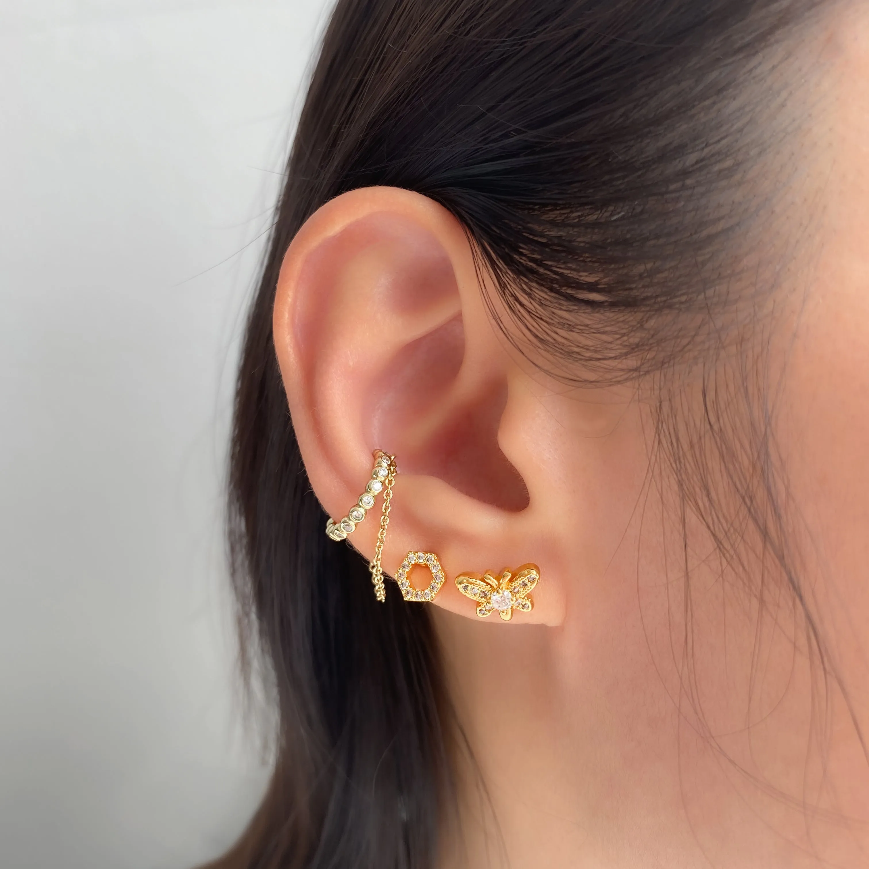 Pave Drop Chain Gold Ear Cuff