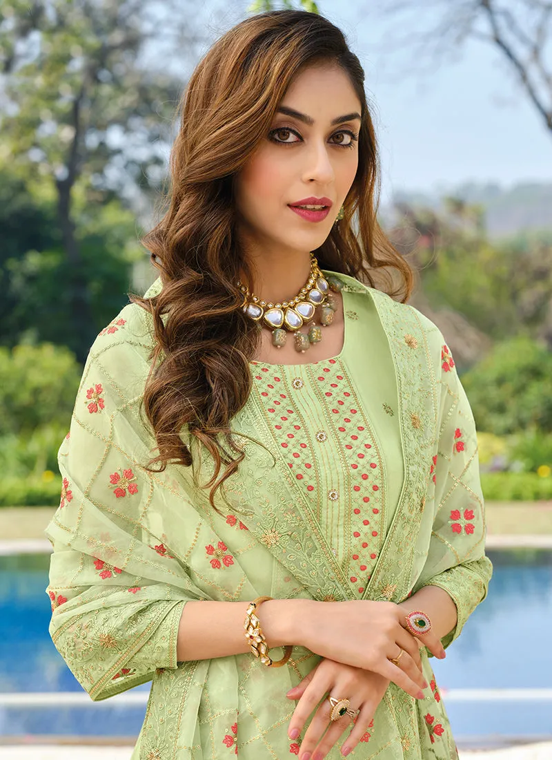 Pista Green Multi Embroidery Pakistani Palazzo Suit