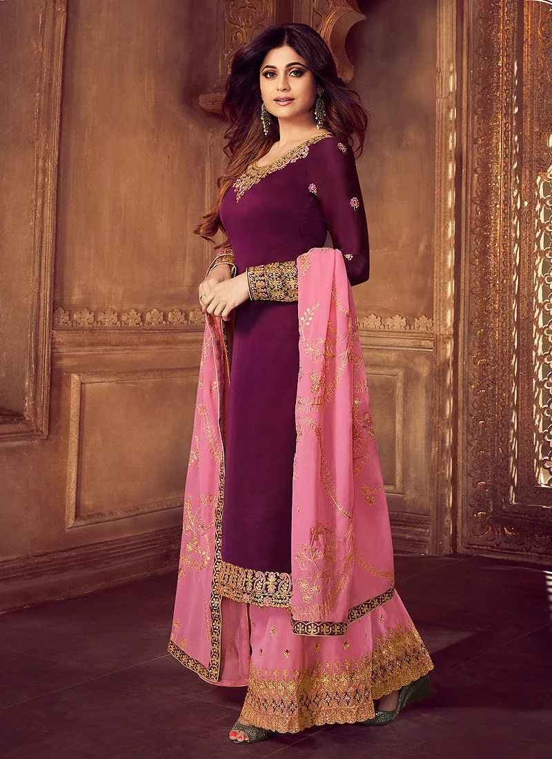 Purple And Pink Traditional Embroidered Palazzo Suit