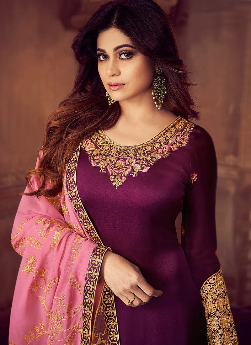 Purple And Pink Traditional Embroidered Palazzo Suit