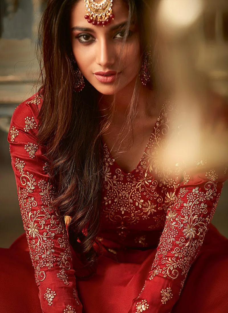 Red Golden Embroidered Anarkali Lehenga Suit