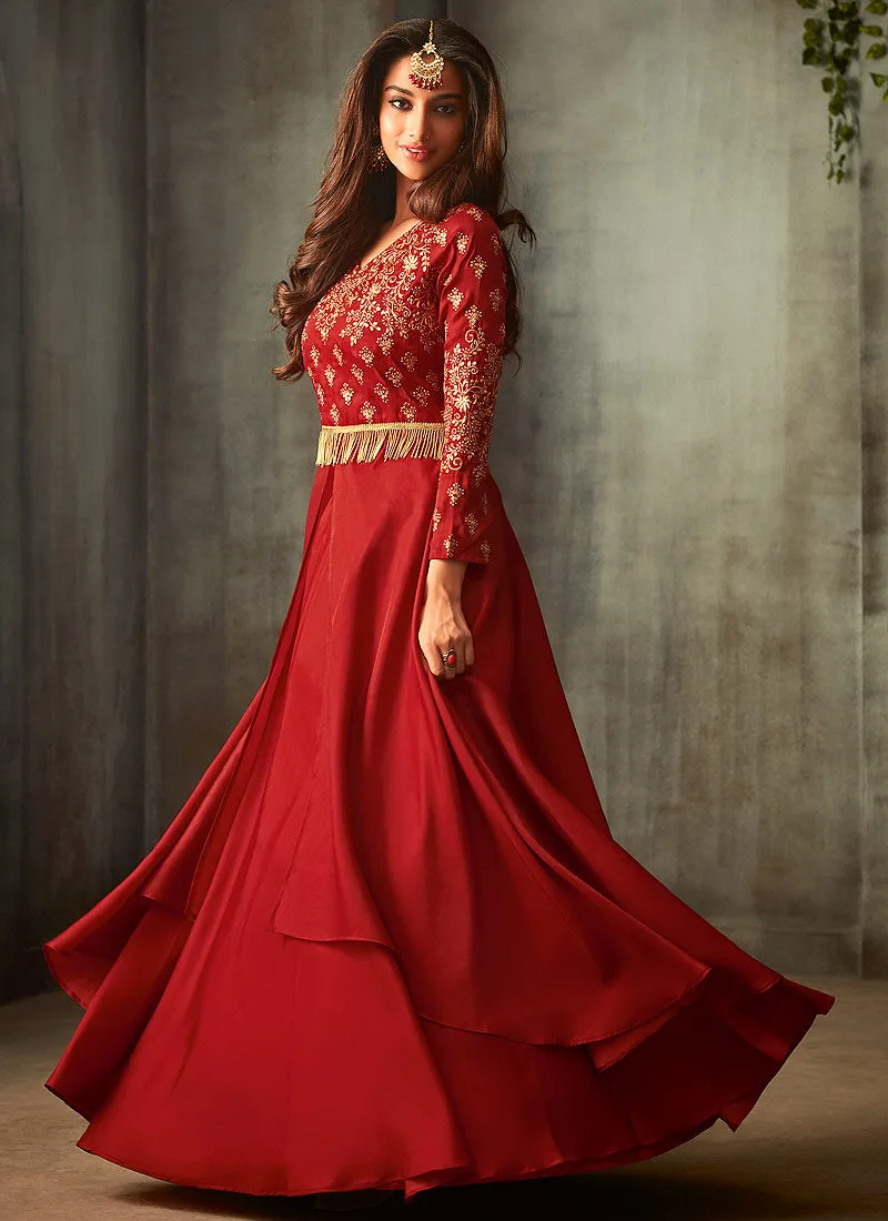 Red Golden Embroidered Anarkali Lehenga Suit