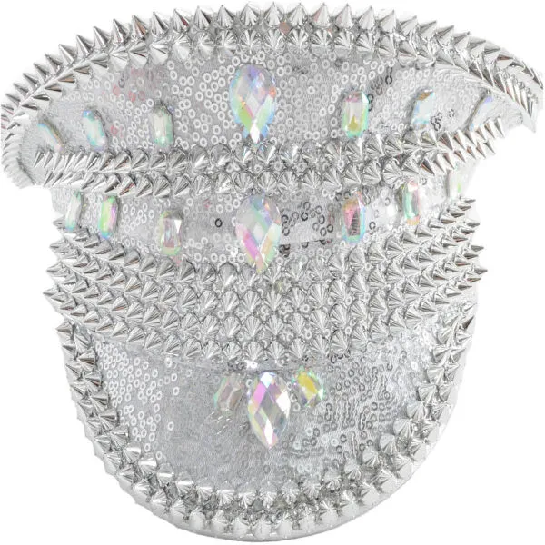 Sequined Festival Hat with Studs-Silver/White