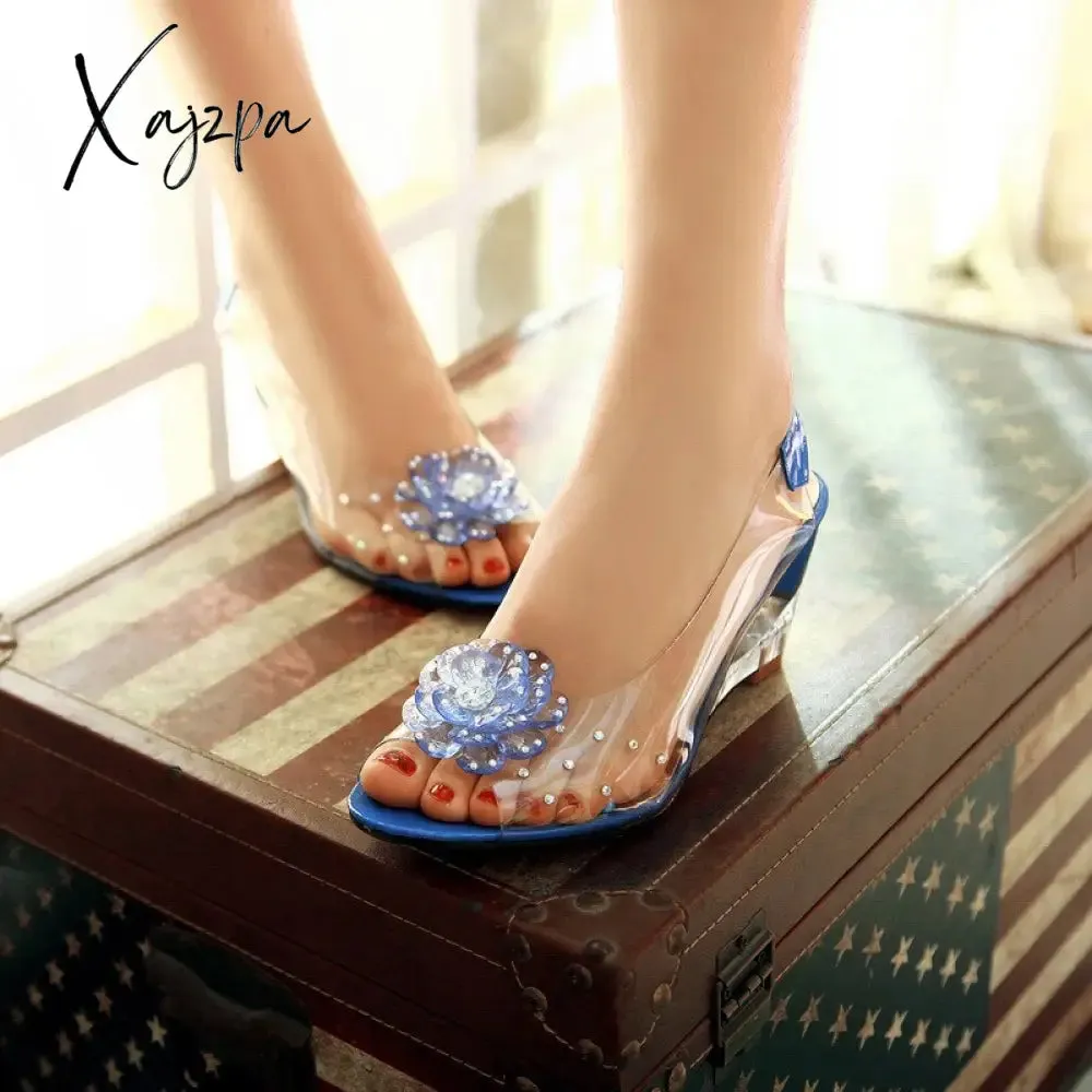 Xajzpa - Summer Women Sandals Studded Flower Design Transparent Wedge Women Shoes Casual Fashion Slip On Open Toe Ladies Sandals Heels
